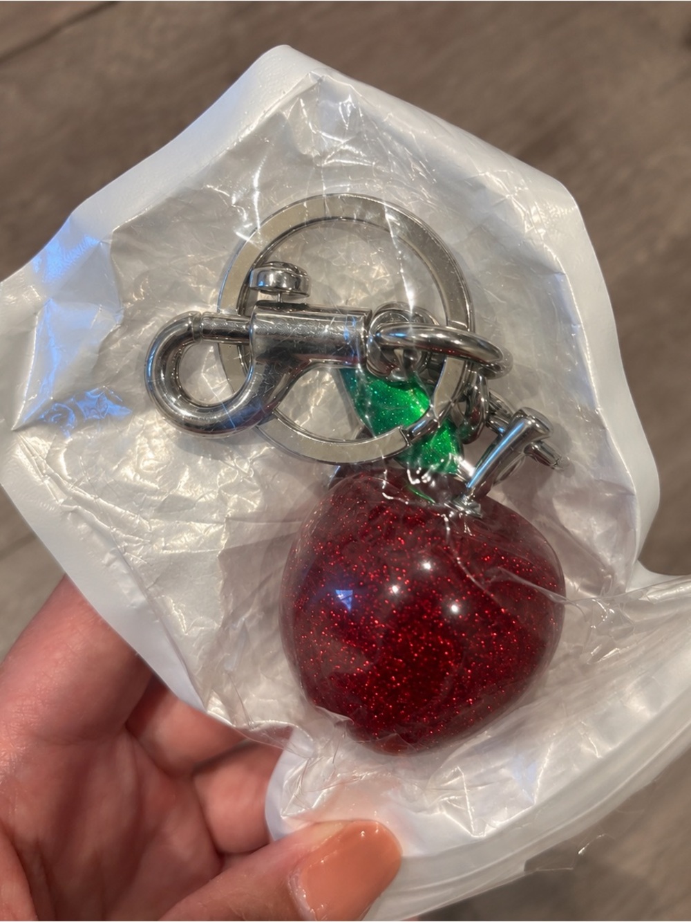 Red Glitter Cherry Keychain Bag Charm Silver Tone Purse Charm 🍒